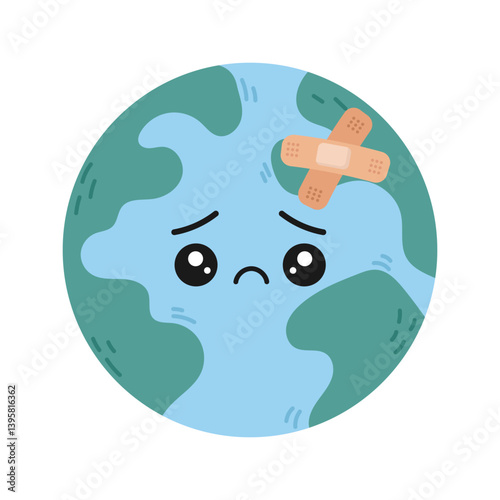 Sad Earth with sticker. Injured planet illustration representing environmental care for Earth Day concept.
