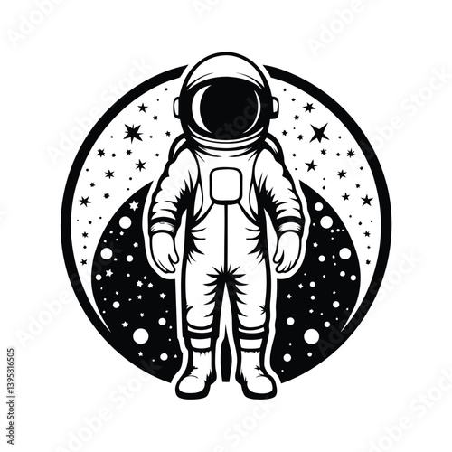 Isolated Astronaut Silhouette, Full Body Standing with Stars and Planets, Space Concept