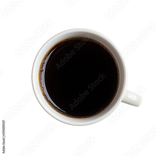 Top view of a cup of black coffee on a white table