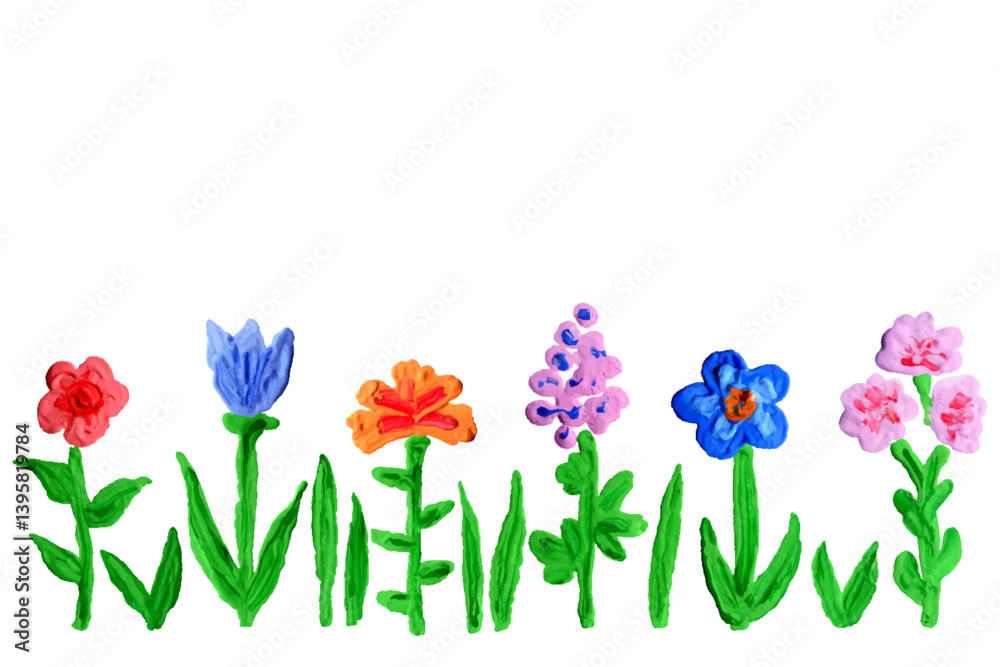 Like kids hand painting acrylic, oil, gouache colorful flower set. Blooming spring summer meadow plant. Doodle artistic style collection background, banner, border, brush stroke impasto vector texture