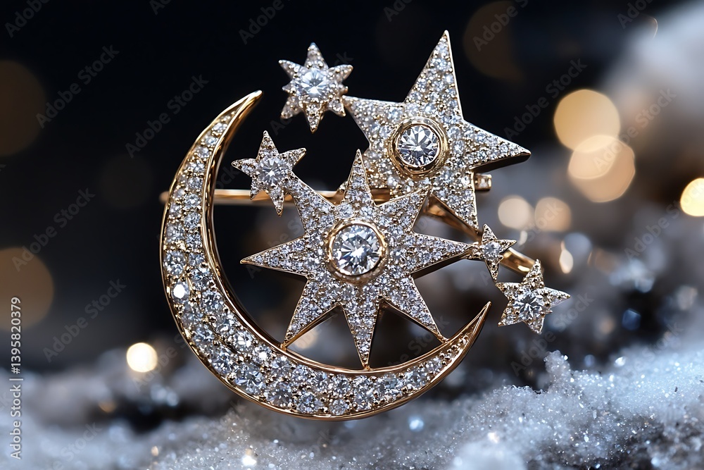 Fototapeta premium • A diamond brooch designed as a celestial motif, featuring stars and moons adorned with shimmering diamonds 