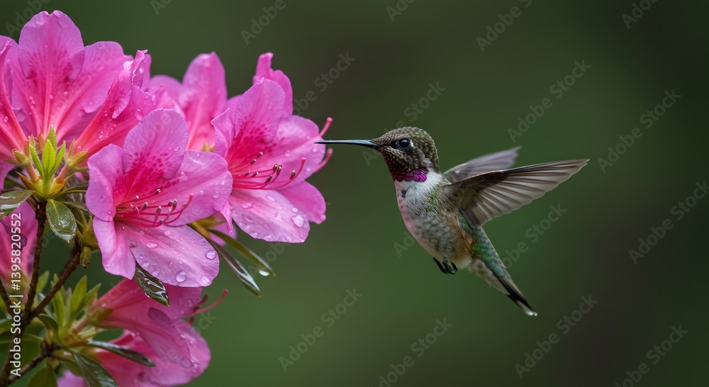 Fototapeta premium Hummingbird Flying Near Pink Flowers Drinking Nectar