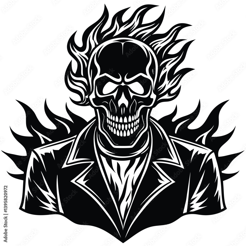 Fototapeta premium Monochrome Skull Icon with Helmet and Flames, Rider Grim Death, Moto Club Emblem
