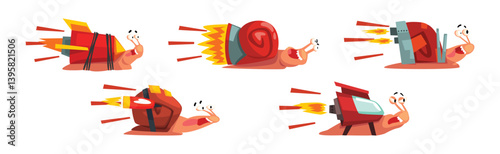 Fast Snails Funny Mollusk Characters with Turbo Rocket Speed Booster Vector Set