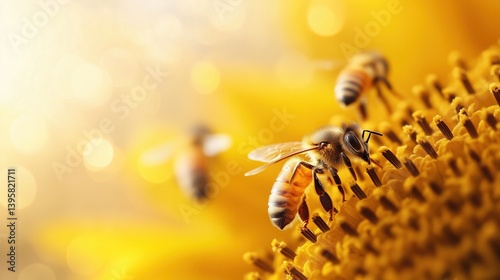 Bees collect nectar from sunflower blooms in bright sunlight showcasing nature's pollination process photo