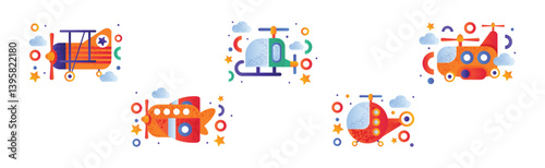 Flying Air Transport and Aircraft Vehicle for Travel and Journey Vector Set