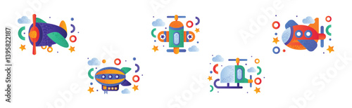 Flying Air Transport and Aircraft Vehicle for Travel and Journey Vector Set