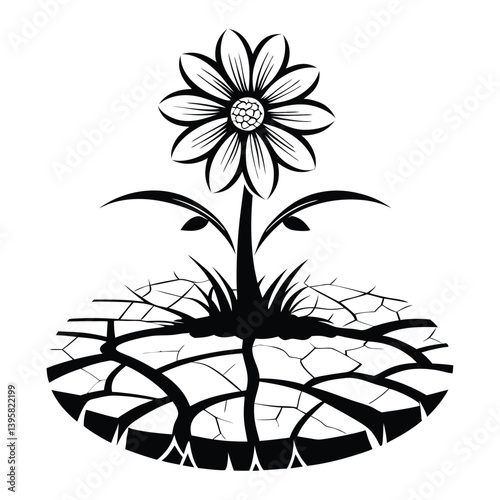 Resilience Single Black Flower Thriving From Cracked Dry Soil, Monochrome, Isolated
