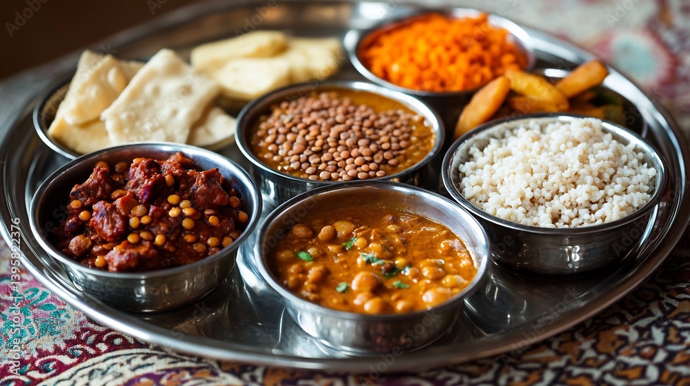 Colorful curry platter featuring lentils paneer and spicy meat curry served in silver bowls on a patterned tablecloth Colorful curry platter featuring lentils paneer and spicy meat curry served in silver bowls on a patterned tablecloth