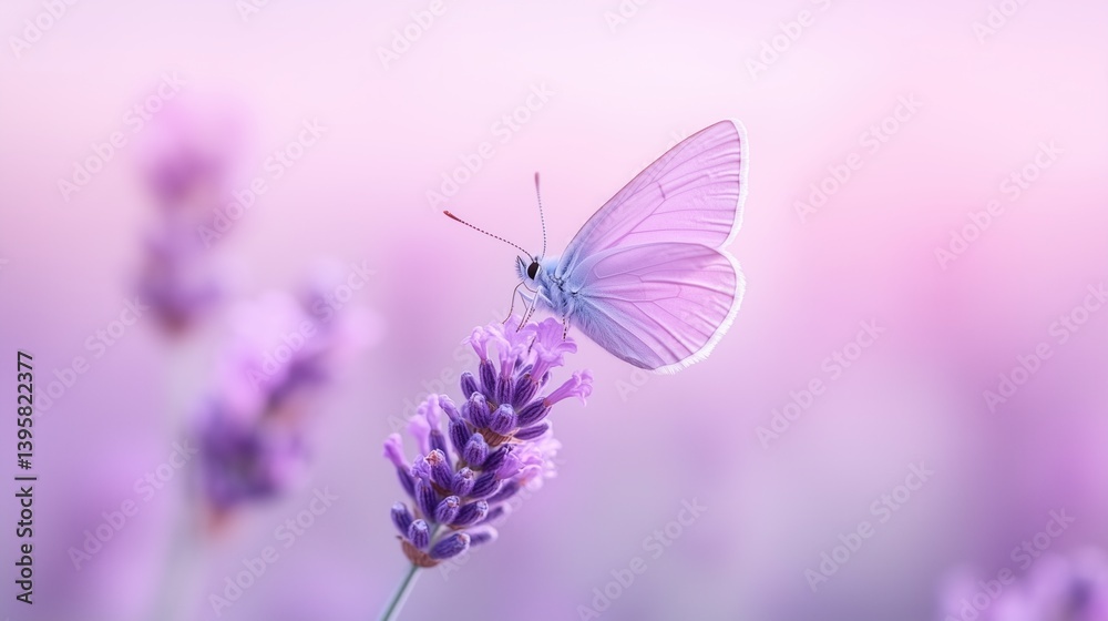 Naklejka premium Butterfly perched on lavender blossoms at sunset with a beautiful purple background