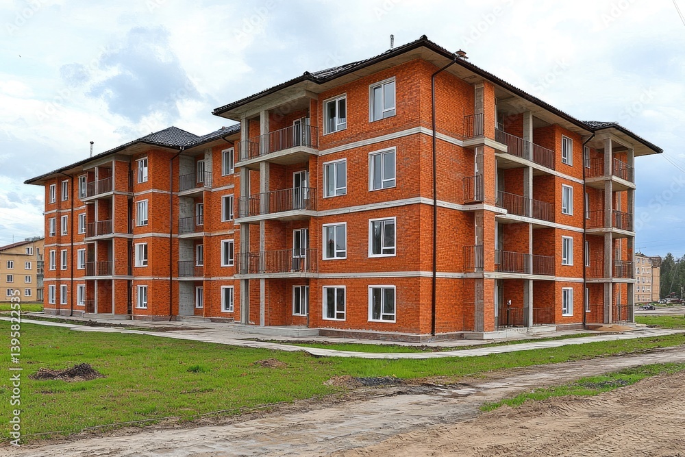 Fototapeta premium Newly constructed brick apartment building with balconies and grassy surroundings