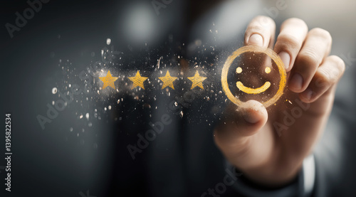 Hand drawing a glowing smiley face and five stars, symbolizing excellent customer satisfaction, positive feedback, and quality service in a professional setting.