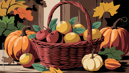 Celebrate the essence of fall with this vibrant illustration featuring a wicker basket filled with apples, oranges, and pumpkins, surrounded by colorful leaves.