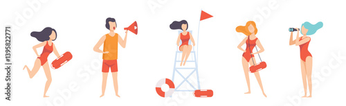 Man and Woman Beach Lifeguards Ensuring Safety Vector Set