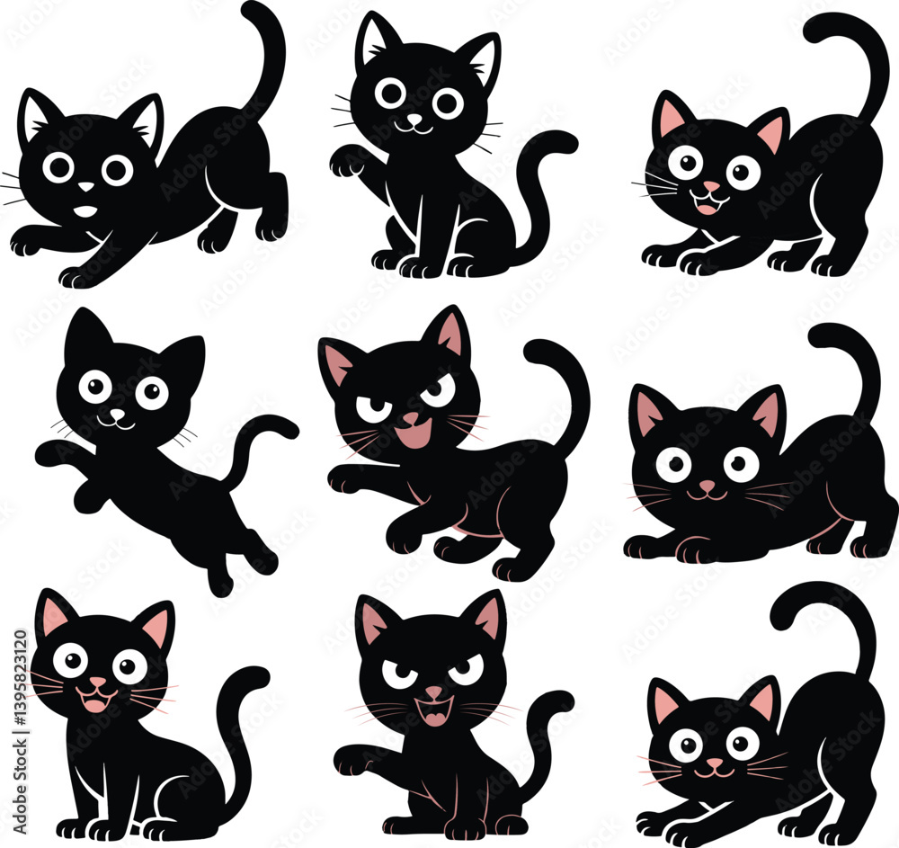 Cat silhouette set in different poses and playing cat vector illustration Cat silhouette set in different poses and playing cat vector illustration