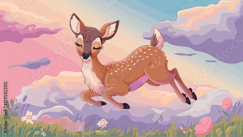 A delightful illustration of a graceful fawn leaping amidst colorful clouds and blooming flowers, evoking a sense of joy and tranquility.