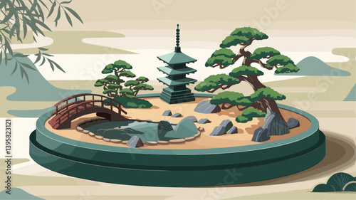 A tranquil digital artwork featuring a Japanese garden, complete with a pagoda, wooden bridge, bonsai trees, and serene pond.