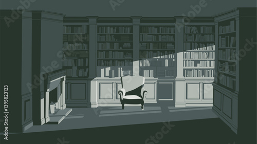 An elegant library scene featuring a classic armchair illuminated by a beam of light, surrounded by tall bookshelves, evoking tranquility and inspiration.
