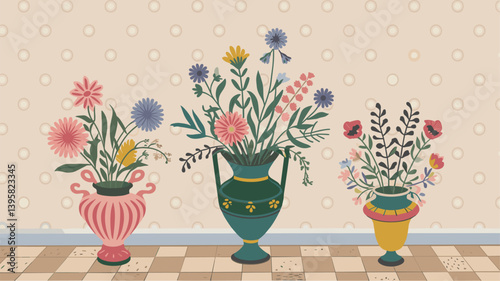 A charming illustration of three vibrant flower arrangements in colorful vases against a polka-dotted wallpaper. Perfect for home decor or floral design themes.