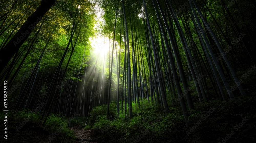 Obraz premium Sunbeams in a dense bamboo forest. Serenity, nature background, travel