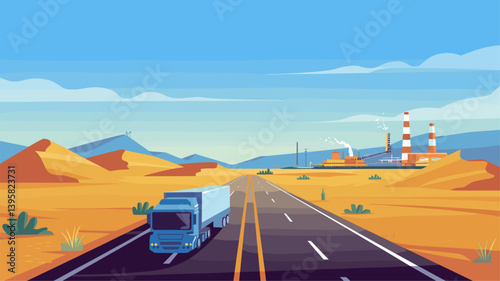 A vibrant illustration of a truck traveling on a deserted highway, flanked by sprawling desert and distant industrial facilities.