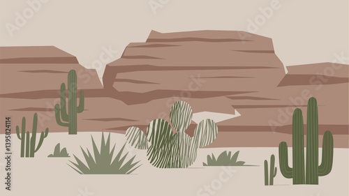 A minimalistic illustration of a desert scene featuring cacti and rocky formations, perfect for nature-themed designs or backgrounds.