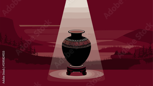 A striking black pottery piece displayed under a dramatic spotlight, set against a rich maroon background with serene natural scenery.