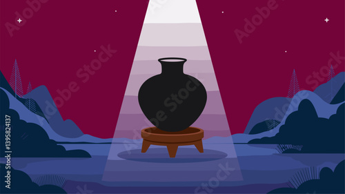 A captivating digital illustration featuring a black pot on a wooden stand, illuminated by a spotlight against a vibrant, starry night backdrop.