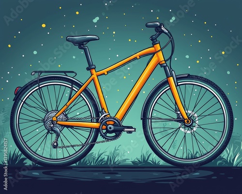 Night scene of an orange hybrid bicycle