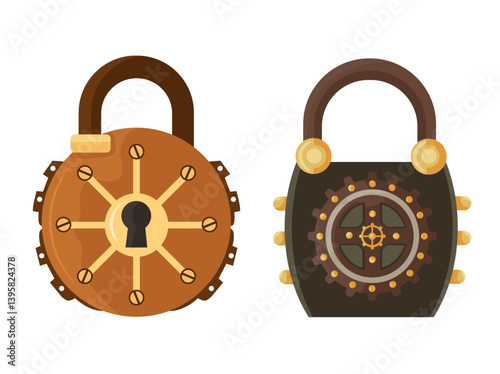 Steampunk lock. Flat vector, clipart illustration isolated on white background.