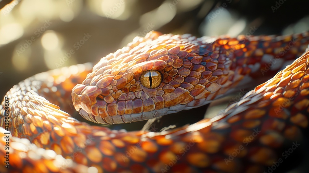 Fototapeta premium Close-up of a vibrant orange and brown snake coiled in a natural setting, sunlit scales gleaming.