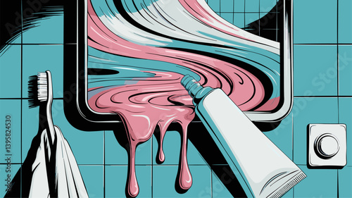 This vibrant digital artwork features a swirling tube of toothpaste spilling out in a bathroom setting, combining modern aesthetics with playful design.