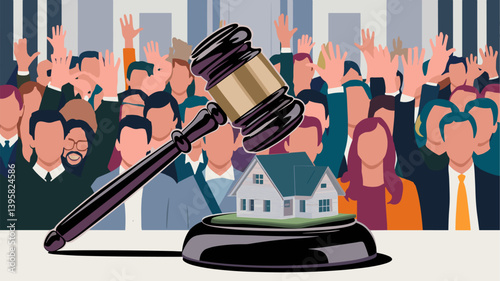 An illustration of a gavel and a small house on a podium, surrounded by a crowd with raised hands. Symbolizing competitive real estate auction dynamics.
