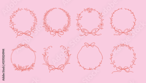 Set of cute line doodle spring botany frames. Hand drawn sketch floral summer wreath. Coquette style decoration for wedding, birthday, bachelorette party invitation. Bow ribbon whimsical pink border
