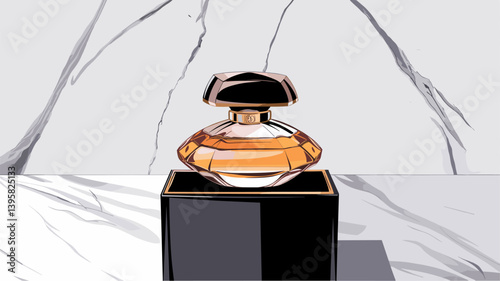 Stylish illustration of an elegant perfume bottle placed on a pristine marble surface, exuding luxury and sophistication.