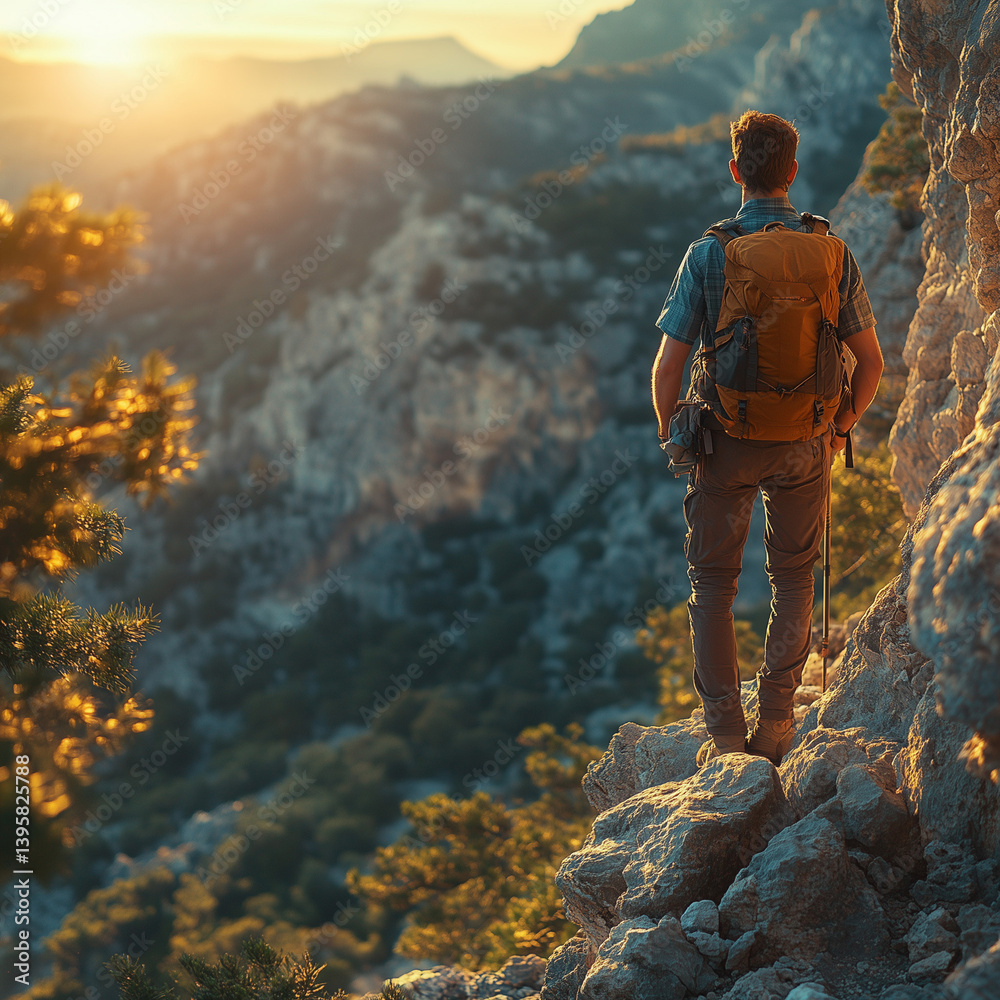 Hiker admires sunset view over mountain range while standing on rocky path hiker, sunset, mountain, landscape, nature, adventure, backpack, trekking, rocky, path, outdoor, Hiker admires sunset view over mountain range while standing on rocky path hiker, sunset, mountain, landscape, nature, adventure, backpack, trekking, rocky, path, outdoor,
