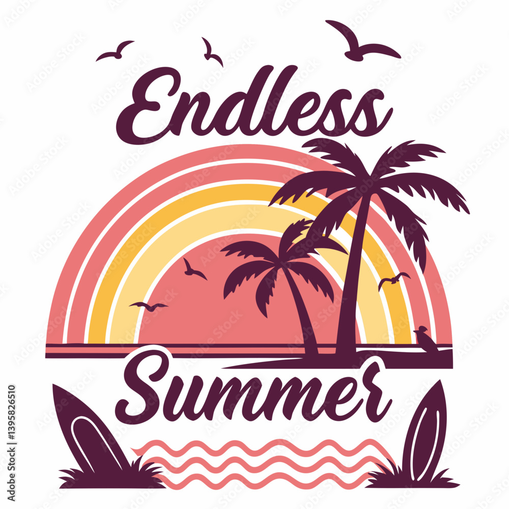 Naklejka premium Retro Endless Summer Vacation Illustration With Palm Trees And Surfboards Graphic