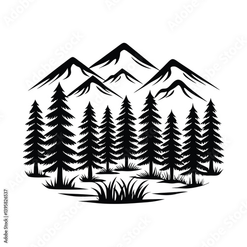 Stylized Black Silhouette of Mountains, Pine Forest, and Grass Clumps on White