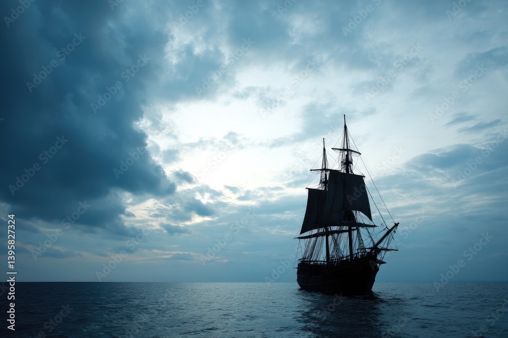 Fototapeta premium majestic pirate ship with grand sails navigates open sea perfectly silhouetted against vast sky