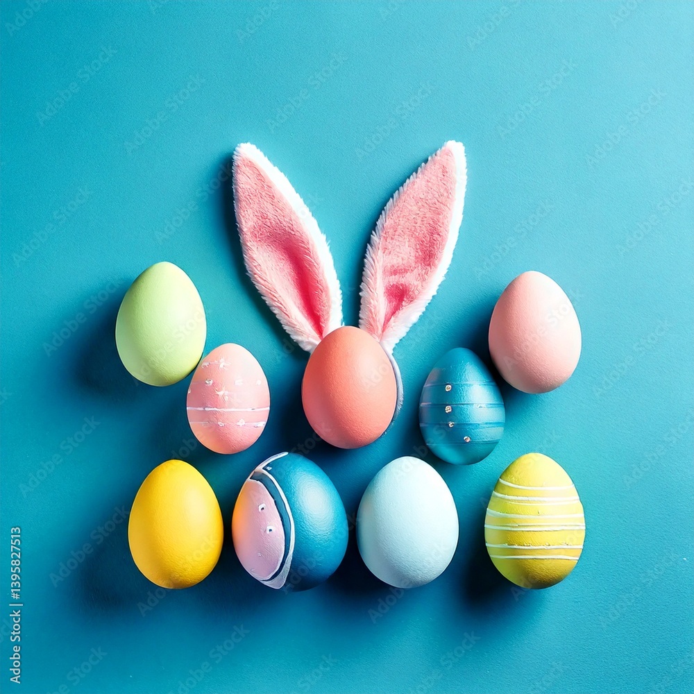 Decorative vertical Easter eggs in pastel shades and bunny ears arranged on a blue background. Decorative vertical Easter eggs in pastel shades and bunny ears arranged on a blue background.