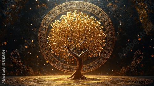 majestic tree with sprawling branches and radiant sun shining through its leaves creates serene and uplifting atmosphere.