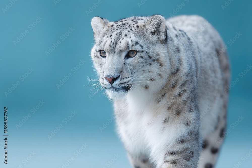 Naklejka premium majestic snow leopard prowling vibrant neon blue background