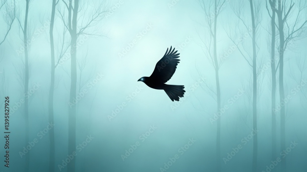 Fototapeta premium bird, its outline faint, flying through a shadowy forest with only its eyes glowing