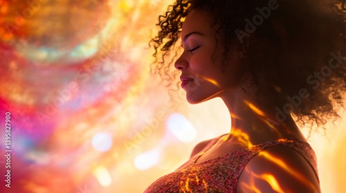 Meditative woman embracing light studio setting portrait photography ethereal environment close-up view inner peace concept