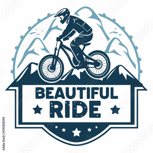 Mountain Bike Adventure Logo With Rider In Helmet Against Mountain Landscape