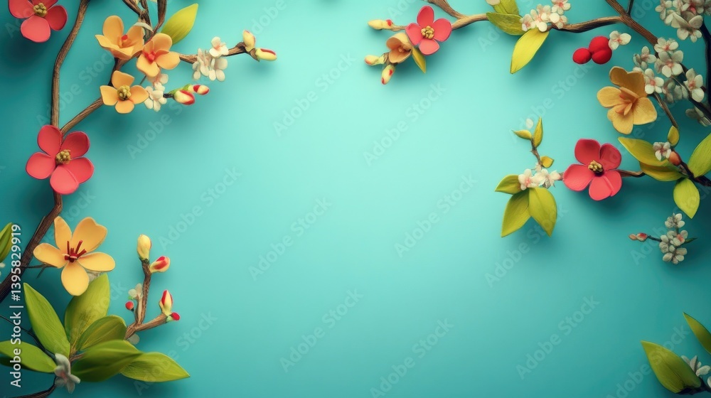Fototapeta premium Floral Branch Arrangement with Red and Yellow Blooms on Turquoise Background