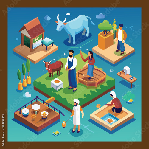 Eid al-Adha Qurbani Process – Traditional Islamic Sacrifice, Cooking, and Community Preparation in Isometric Style