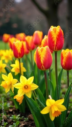 Vibrant tulips and daffodils blooming in spring garden bed, colorful, ground, fresh