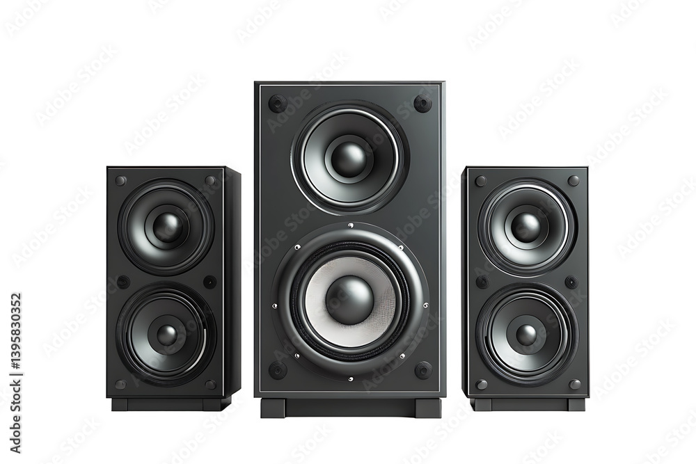 Three black speakers with visible drivers arranged against a black background in a studio setting Three black speakers with visible drivers arranged against a black background in a studio setting
