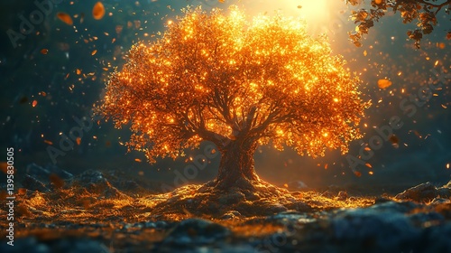 majestic tree with sprawling branches and radiant sun shining through its leaves creates serene and uplifting atmosphere.